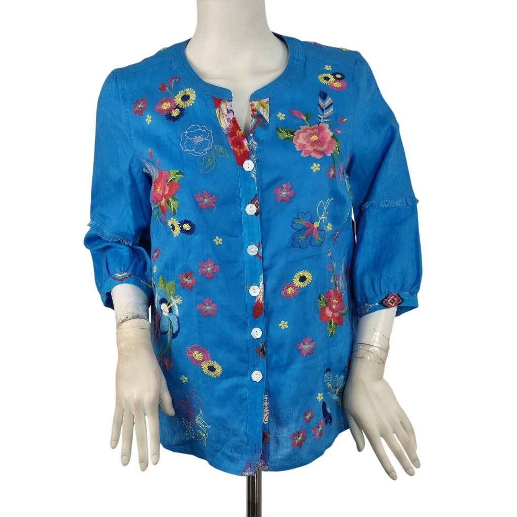 John Mark Women's Size Ps Button Front Linen Tunic Blouse Top Blue Floral (38)
